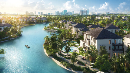 Naklejka premium From Paradise Island, an aerial perspective showcases Harborside Villas along Nassau Harbour, with Nassau's cityscape in the distance, in the Bahamas