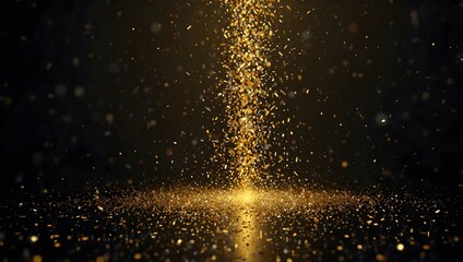 Golden particles fall from above, creating a cone shape on a dark background.

