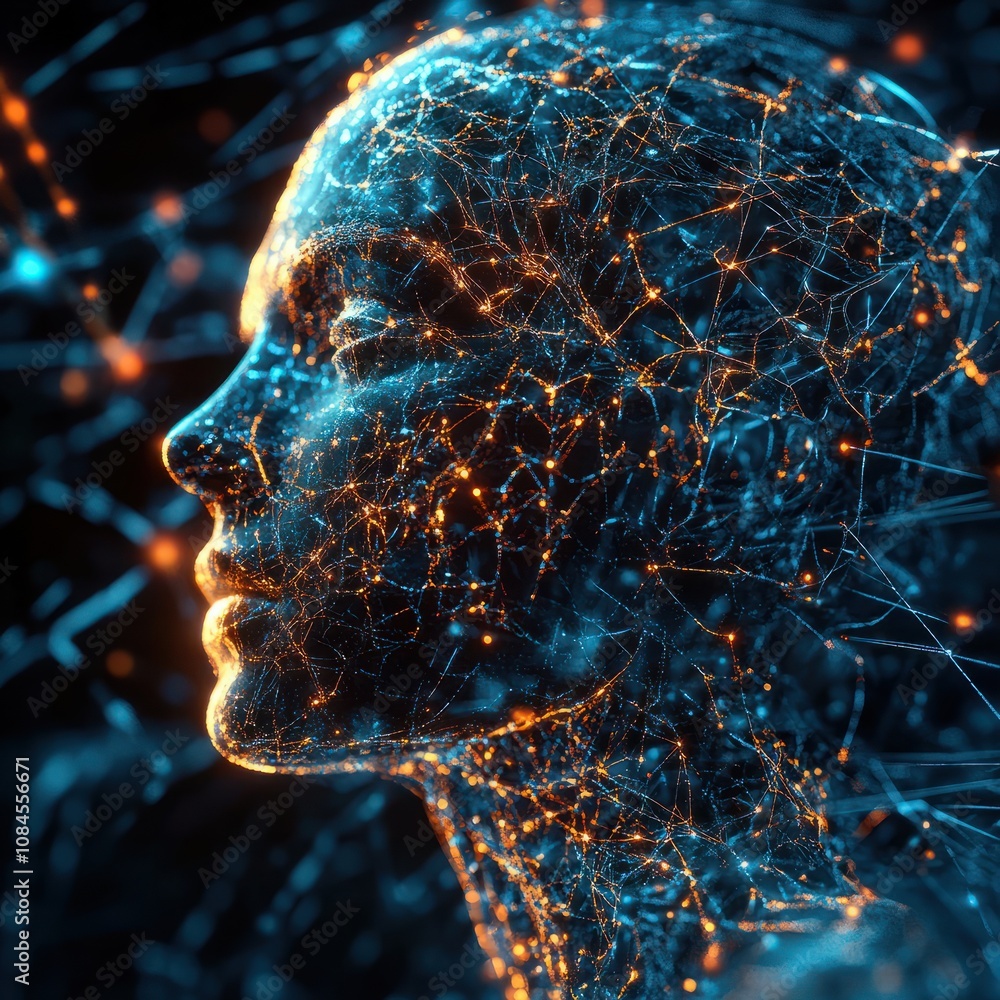 Poster human connection with new technology, intricate web of neural connections, artificial intelligence