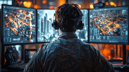 An individual immersed in technology watches city views on screens, highlighting urban exploration and digital engagement themes.