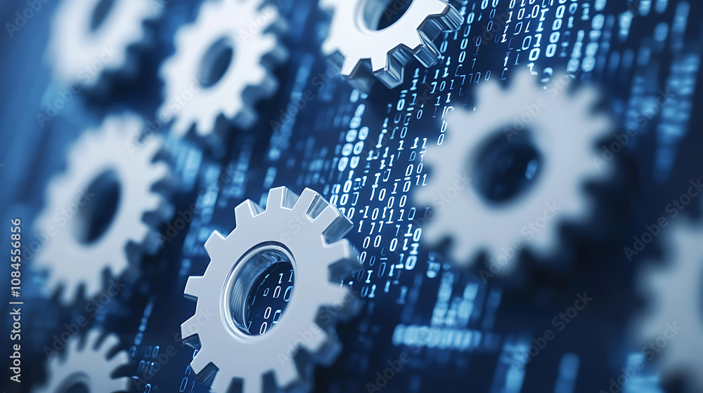 Fototapete Blue background with white gears and binary code representing digital technology for industrial control system design in industry