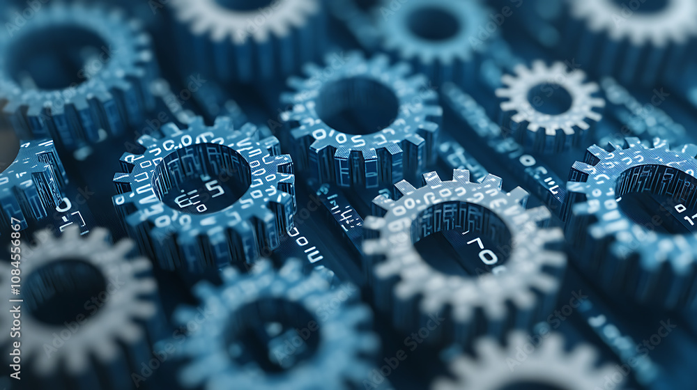 Poster Blue background with gears and binary code, representing the technology of machine learning in digital marketing