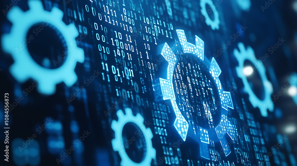 Fototapete Blue background with white gears and binary code representing digital technology for industrial control system design in industry
