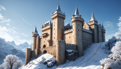 Fototapeta premium A castle on a snowy mountain with tall towers