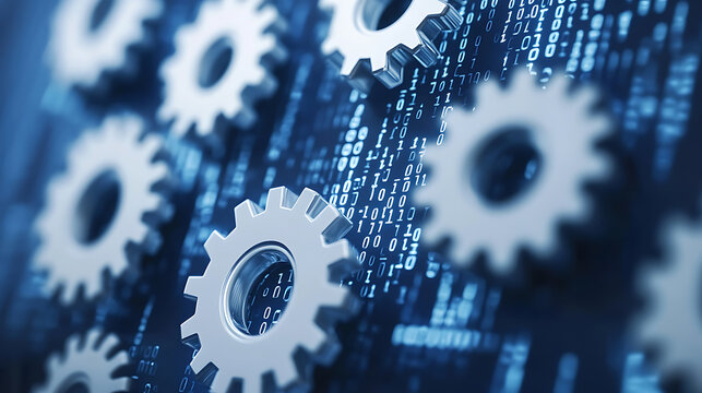 Blue background with white gears and binary code representing digital technology for industrial control system design in industry