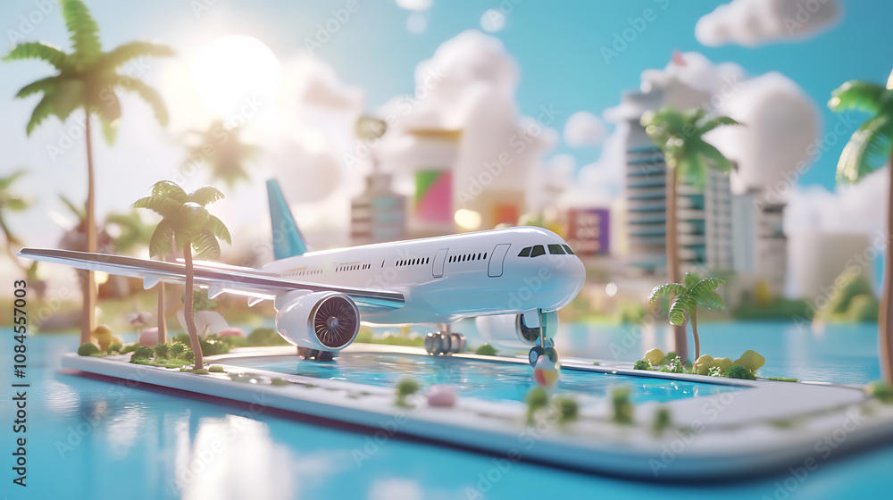 Poster the concept of booking travel tickets online via a mobile application is portrayed in 3d rendering, 