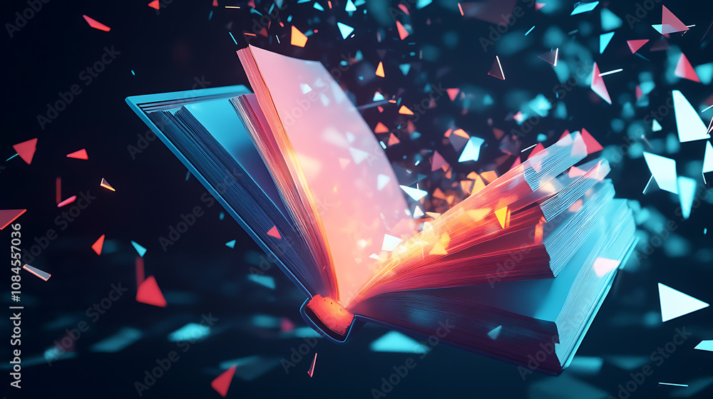 Poster the concept of digital literacy or e-learning is illustrated by a low poly book, merging the old wit