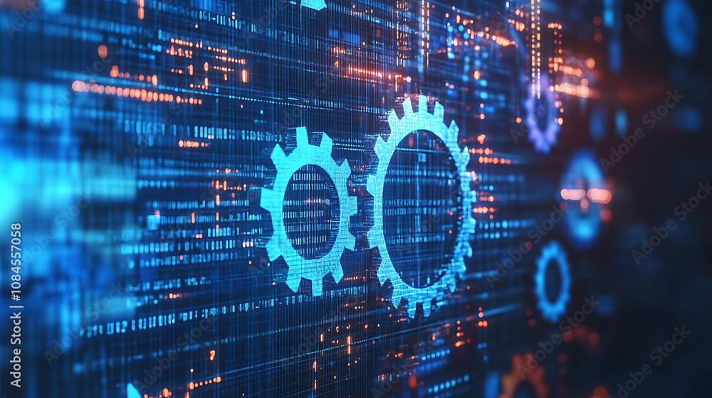 Aufkleber Blue gear faded outline on digital background with binary code and abstract tech elements for technology or machine concept