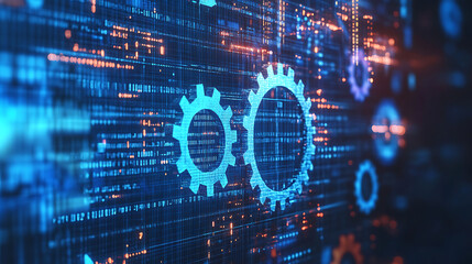 Obraz premium Blue gear faded outline on digital background with binary code and abstract tech elements for technology or machine concept