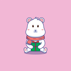 Cute Polar Bear And His Christmas Present  Vector Icon Illustration.