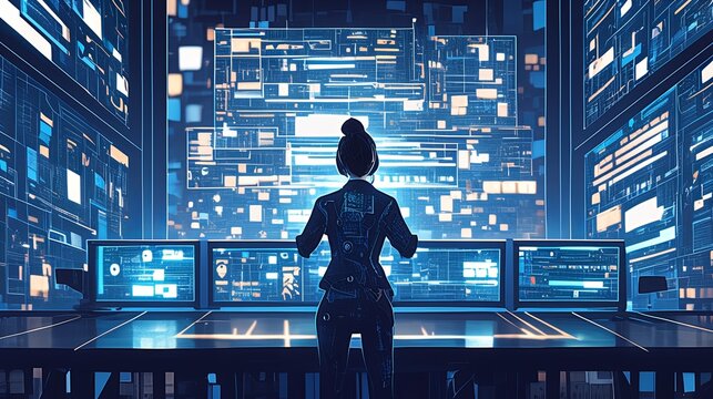 A lone figure operates systems in a futuristic control room, surrounded by screens displaying complex digital data.
