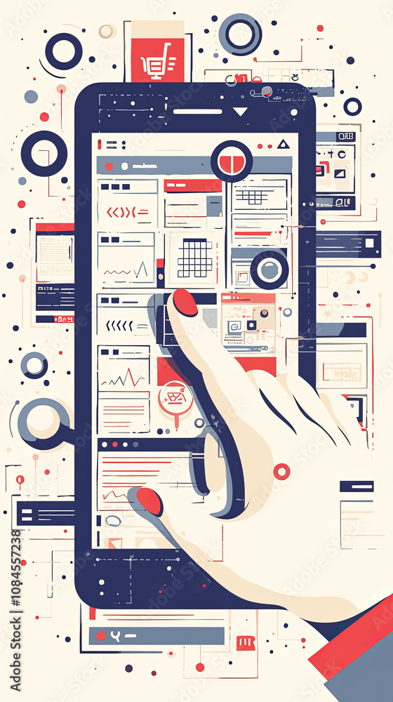 Poster a smartphone displaying a detailed, futuristic interface; hand navigates through a digital labyrinth
