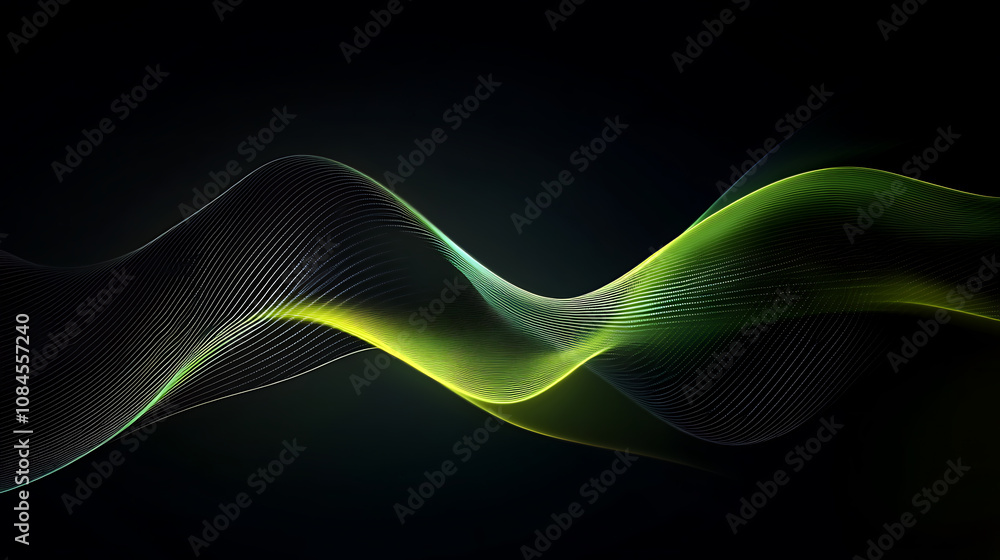 Poster Combining black and green, this dark background features a gradient light effect with a metallic texture and soft tech lines, creating a sleek abstract design