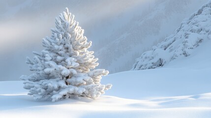 Beautiful snowy landscape with a frosted tree in a winter scene