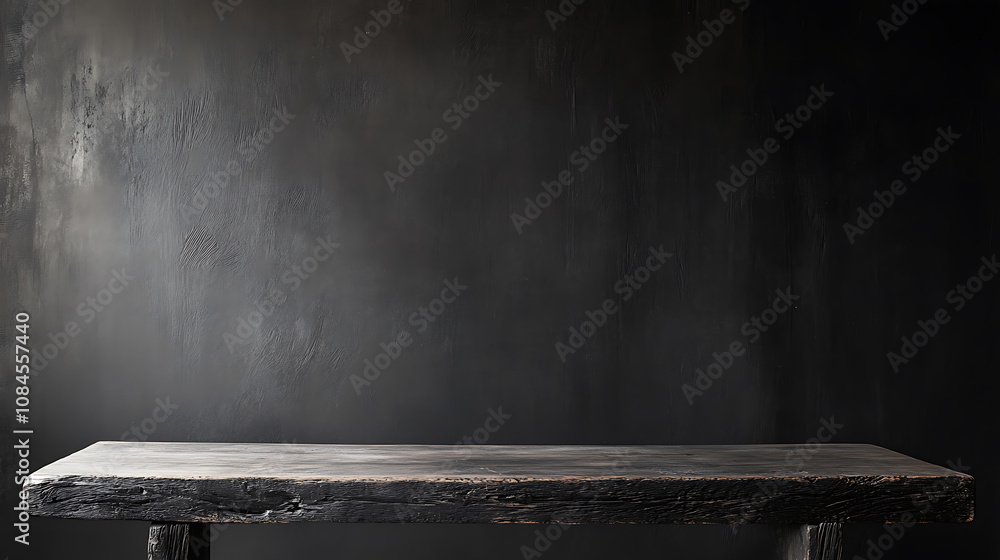 Poster empty old wood table and black background for product display presentation with dark concrete wall, 