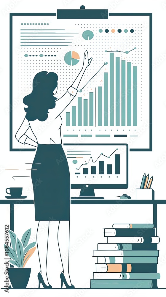Poster a businesswoman stands in front of graphs, charts, and a computer, analyzing data, representing anal