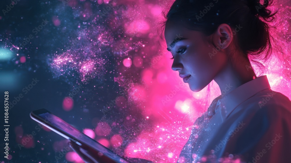 Poster internet , networking and digital transformation with woman and tablet for global communication, web