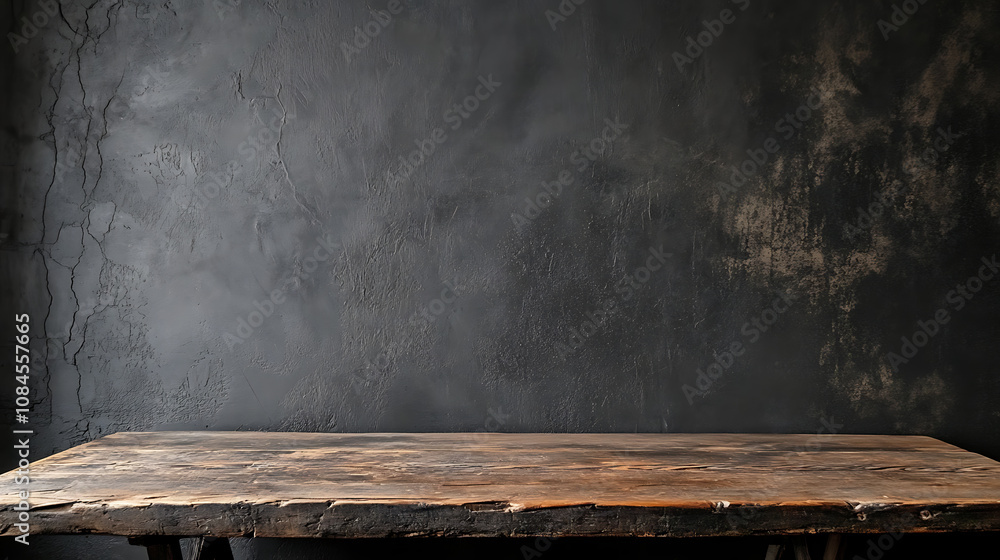 Poster empty old wood table and black background for product display presentation with dark concrete wall, 