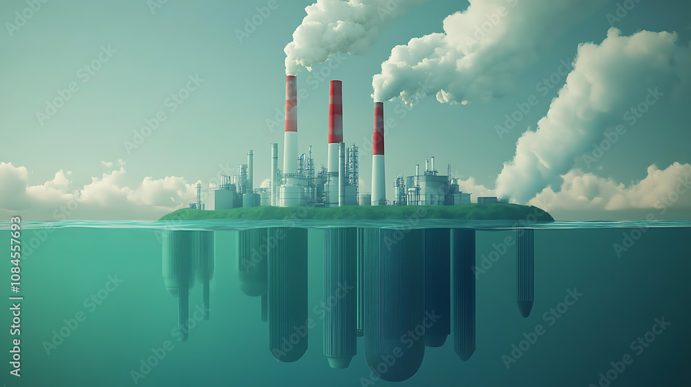 Poster CCUS, showcasing the process of capturing carbon dioxide emissions from industrial sources, converting them for utilization, and securely storing them underground to mitigate climate impact
