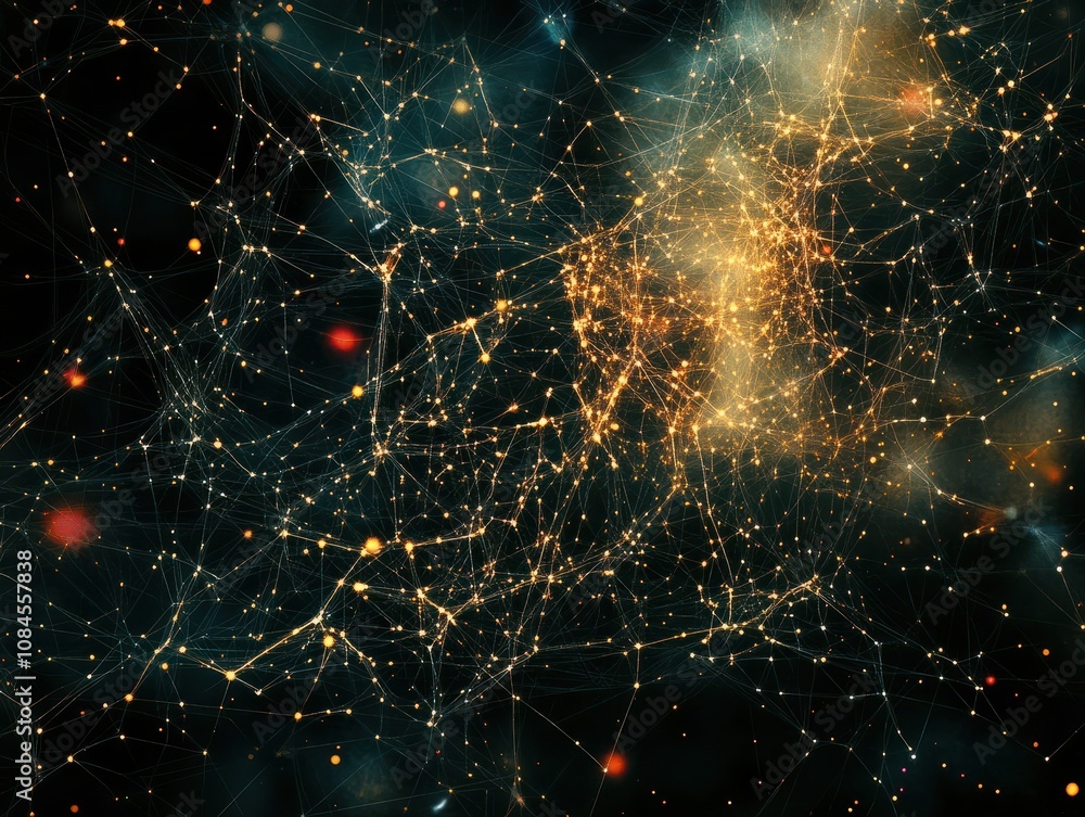 Poster intricate lines and dots creating a glowing abstract network on a dark background, symbolizing conne