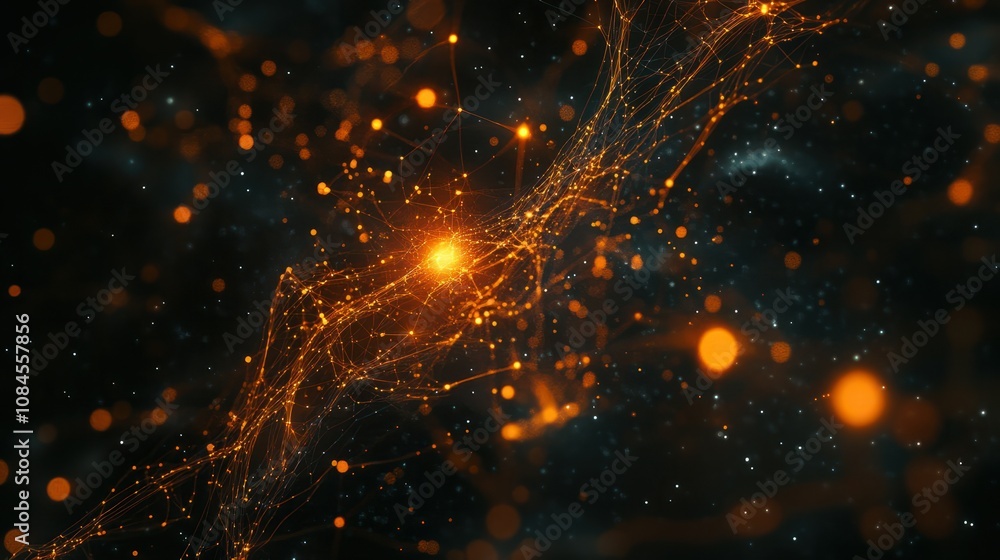 Poster intricate lines and dots creating a glowing abstract network on a dark background, symbolizing conne
