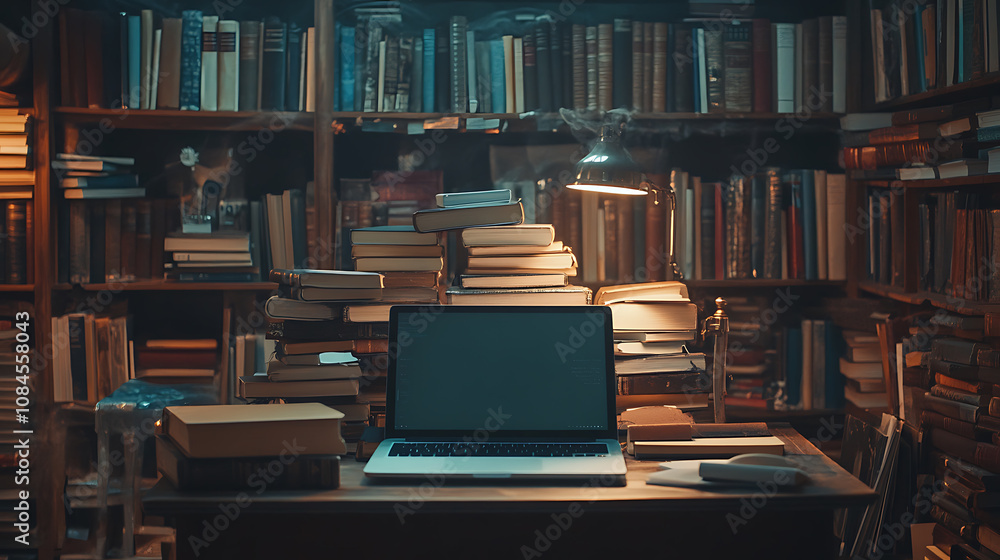 Poster the transition from traditional books to digital formats is depicted in a laptop, highlighting the d