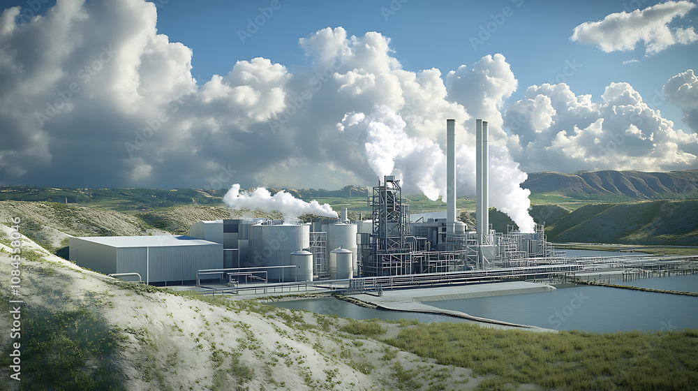 Poster CCUS, showcasing the process of capturing carbon dioxide emissions from industrial sources, converting them for utilization, and securely storing them underground to mitigate climate impact