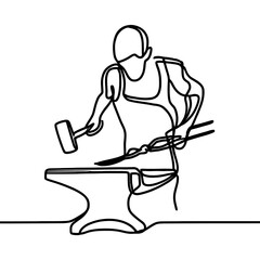 blacksmith forges small sword on the anvil line art