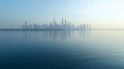 The skyline of Dubai, United Arab Emirates, is portrayed, highlighting the city's iconic buildings and modern architecture