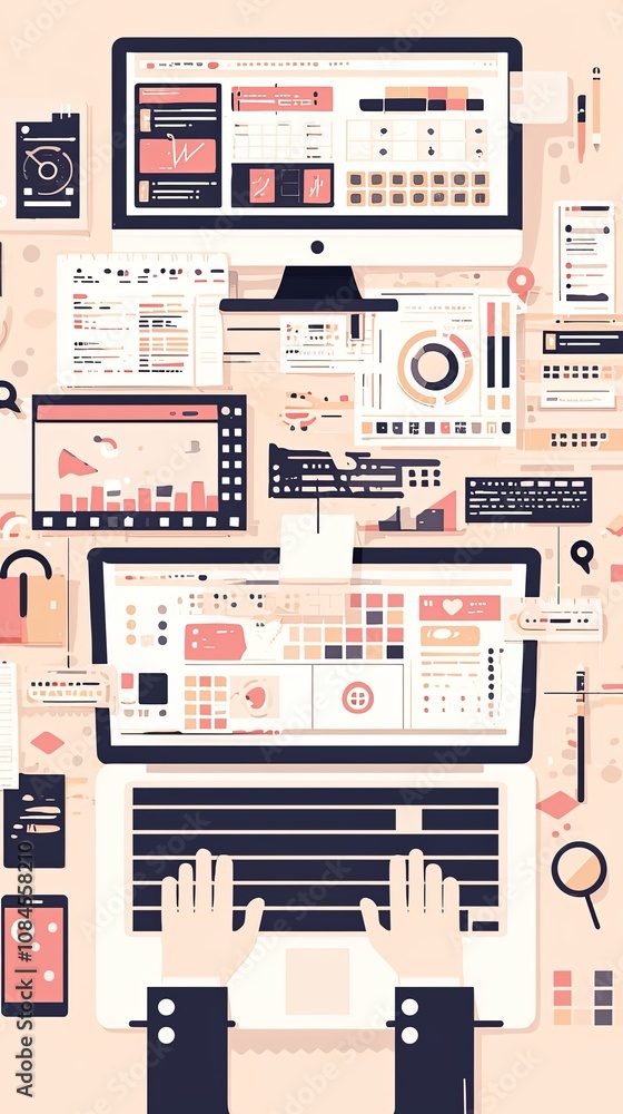 Poster a digital workspace design displayed on monitors with various analytical and creative elements and h
