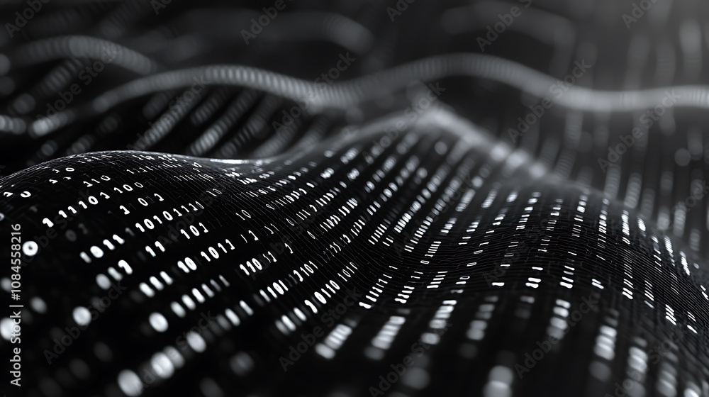 Aufkleber Cinematic dark black background with binary code waves The wave pattern is made of white numbers on the surface