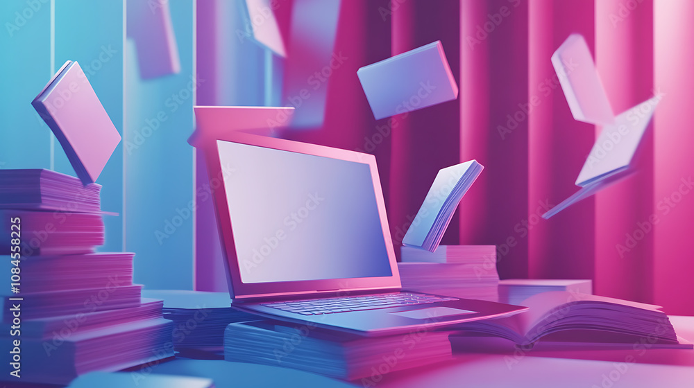 Poster the transition from traditional books to digital formats is depicted in a laptop, highlighting the d