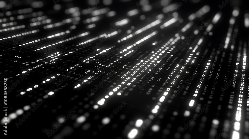 Aufkleber Cinematic dark black background with binary code waves The wave pattern is made of white numbers on the surface