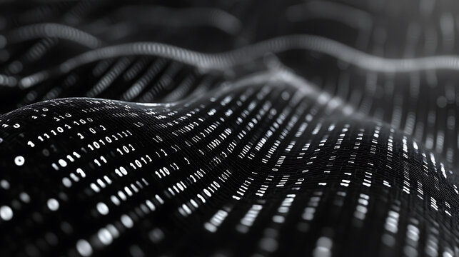 Cinematic dark black background with binary code waves The wave pattern is made of white numbers on the surface