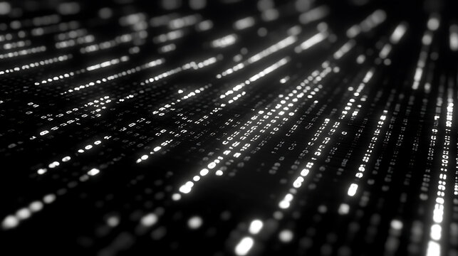 Cinematic dark black background with binary code waves The wave pattern is made of white numbers on the surface