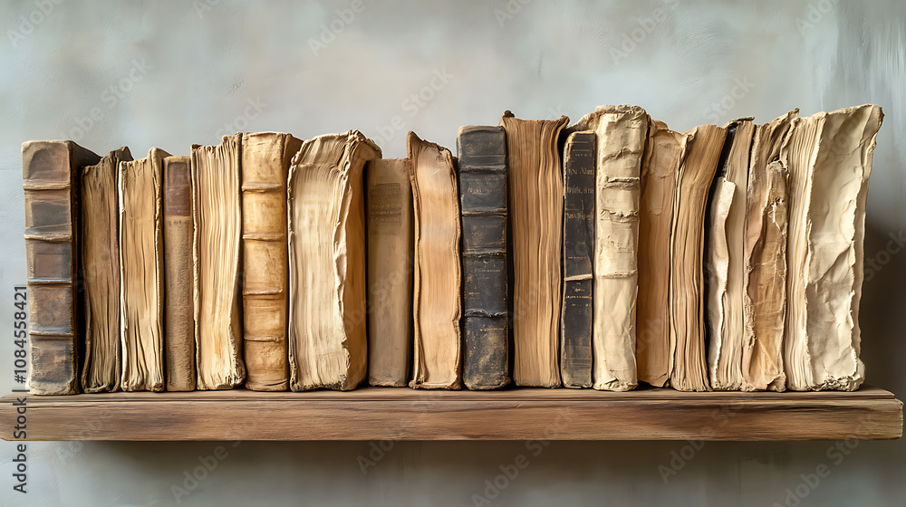 Poster time-worn volumes rest on a wooden shelf, each crease and fold a testament to their journey through 