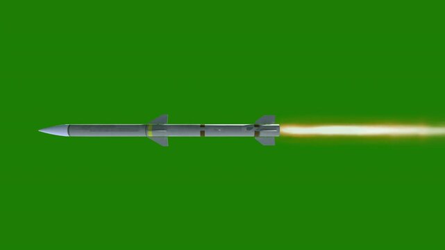 Flying nuclear ballistic rocket with alpha mask. Fire of rocket. Realistic 4k animation. Green screen isolate