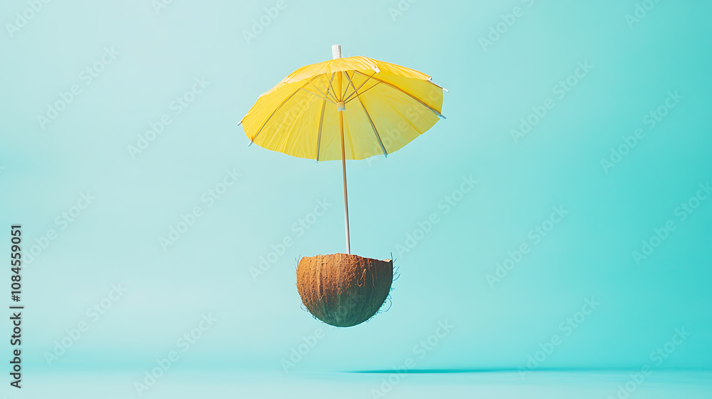 Poster minimalist plain cyan background for product photography with a floating coconut and cocktail umbrel