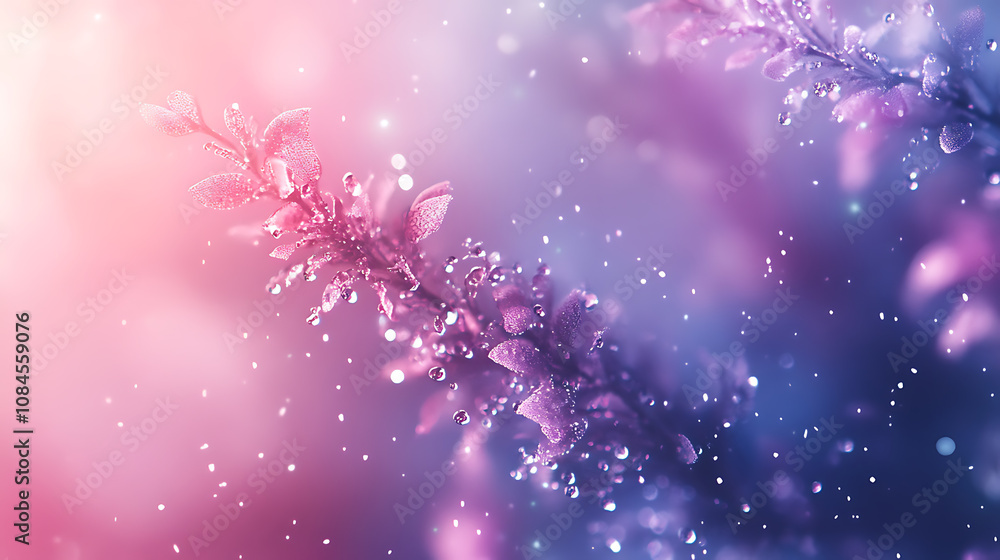 Poster delicate flower macro photography with sparkling dew drops and dreamy abstract bokeh background, nat
