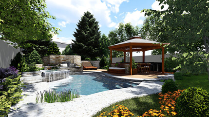 Fototapeta premium Kitchen, Gazebo, and Freeform Pool in the Backyard Design