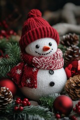 Cute snowman wearing a red hat and scarf surrounded by festive decorations during winter