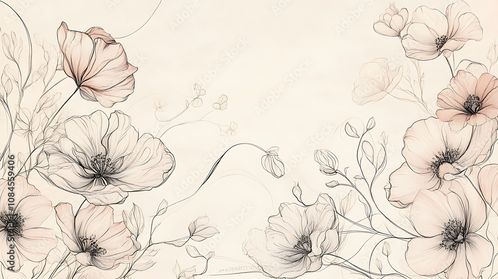 Poster line art banner template with botanical elements, pastel pink and beige colors, simple design for so