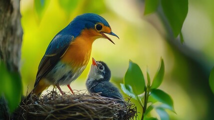 Bird feeding baby in nest.