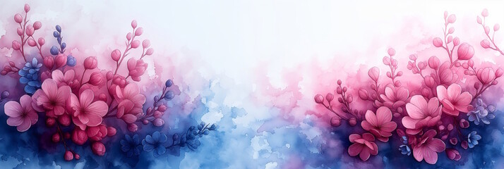 Fototapeta premium Elegant floral watercolor design with pink and blue flowers, concept of nature and romantic celebration