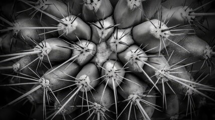 A close-up black and white image of the center of a cactus, showcasing sharp spines and a geometric pattern.