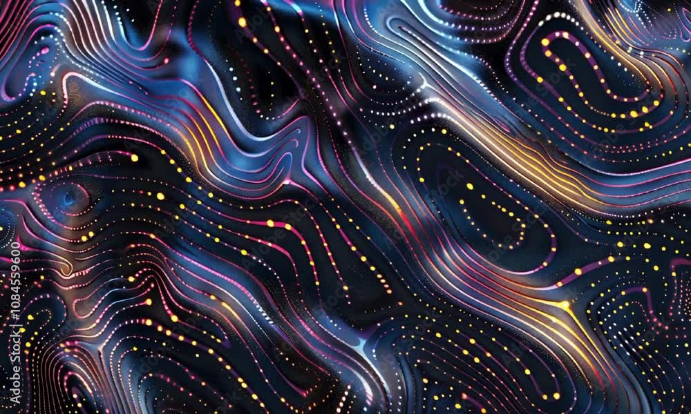 Poster vibrant undulating lines, dotted patterns in neon colors texture video animation, ai generated. intr
