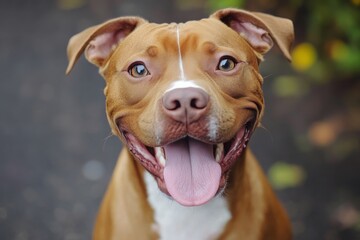 Happy dog with a playful expression enjoying a sunny day outdoors in a garden setting