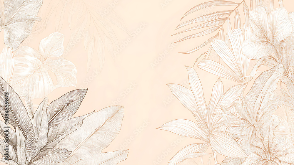 Poster line art banner template with botanical elements, pastel pink and beige colors, simple design for so
