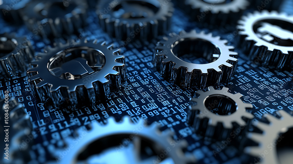 Aufkleber Broken chain breaking the blockchain on a blue background with binary code and symbols of a network security concept