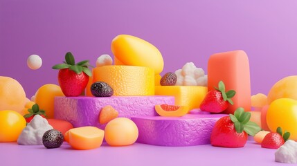 Vibrant Still Life with Abstract Fruits, Colorful Shapes, and Purple and Yellow Textures - Modern Digital Art